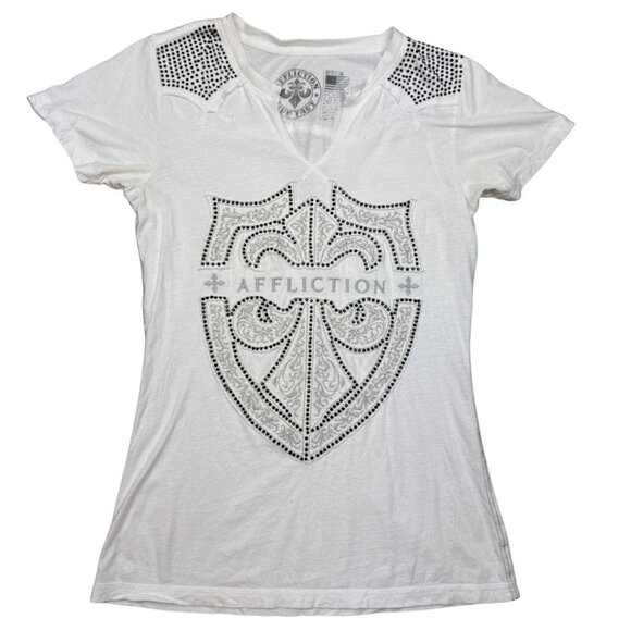 Affliction White Studded Shield Graphic Tee Shirt Women’s Medium - Picture 1 of 6